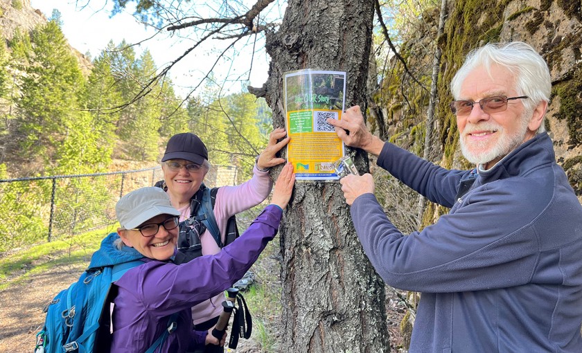 Ready to hike are Louise Popoff, Grand Forks Community Trail Society Director, Cheryl Ahrens, Grand Forks Recreation Commission Member and Grand Forks Community Trail Society Member John Grandy, President of the Grand Forks Community Trail Society. — Submitted photo